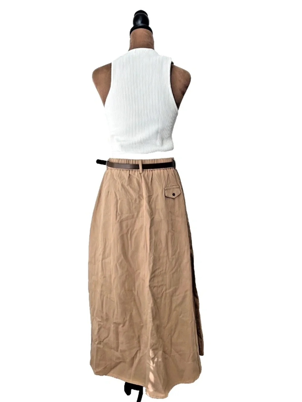 2-Piece Preloved Women's Outfit White Sleeveless Knit Top & Brown Pleated Skirt - Picture 2 of 5